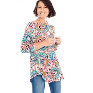 Chico's Bombay Medallion Multicolor Tunic Top 3/4 Sleeves Size 2